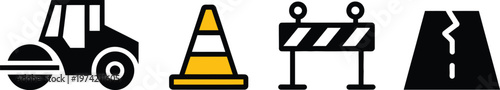 Road construction solid icon set, road roller, road cone, construction barrier, and cracked road