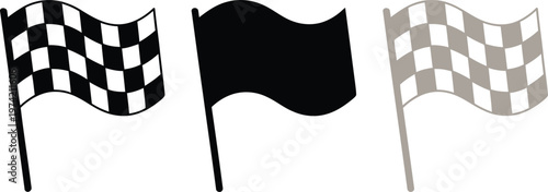 Checkered race flag icon, waving checkered flag symbol, black and white racing banner