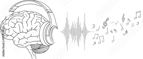 Minimalist neuro-tech brain and music wellness line art, "Created with AI assistance and manually refined."