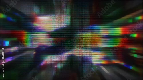 Abstract digital visualization with glitch effects and geometric shapes