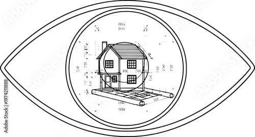 Minimalist augmented reality architecture eye line art, "Created with AI assistance and manually refined."