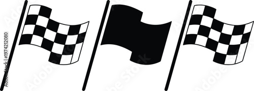 Checkered race flag icon set, waving checkered flag symbol, black and white racing banner
