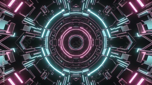 A futuristic circular portal with neon lights and intricate geometric patterns.