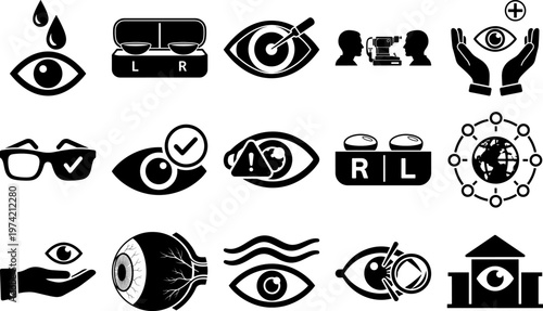 Collection of black and white eye related icons and symbols for vision and sight concepts