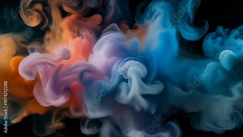 Vibrant swirls of orange, purple, and blue ink merge and dissipate against a dark background, creating an abstract and dynamic visual effect.