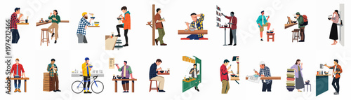 Diverse people eating ramen noodles in various settings, flat vector illustration collection.