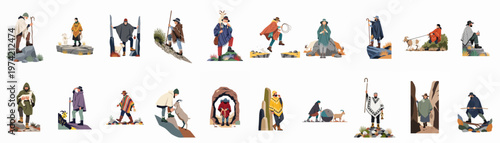 Flat illustration collection of Andean shepherds and mountain people wearing traditional ponchos and hats, performing various outdoor activities with goats and walking sticks.