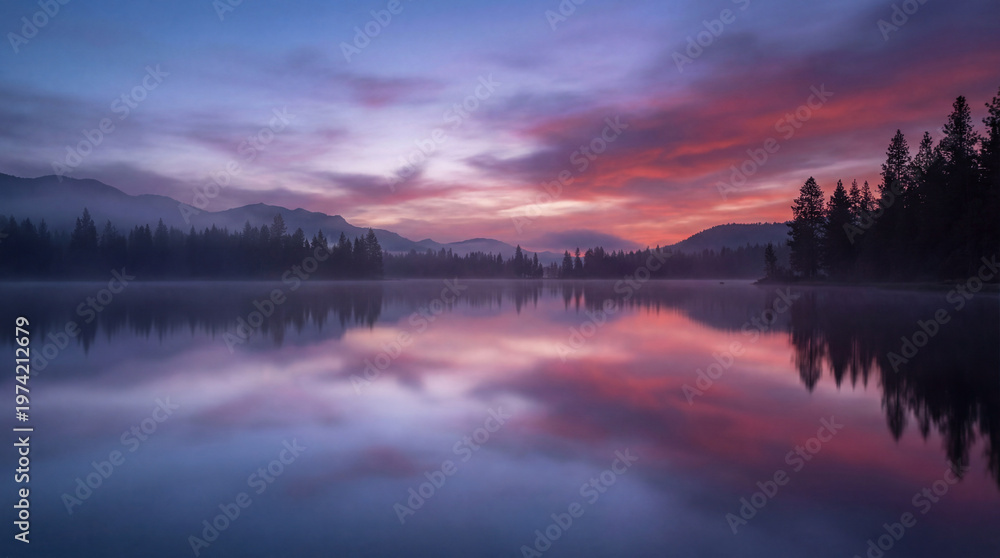 Fototapeta premium A tranquil lake reflects the vibrant colors of a sunrise or sunset sky, with a misty forest and mountains in the background.