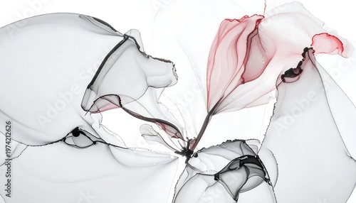 Fluid abstract illustration, featuring wisps of translucent gray and red ink. Delicate organic forms dance against a stark white background