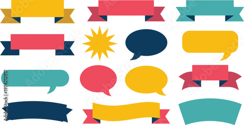 Colorful graphic design elements including banners, ribbons, speech bubbles, and starburst shapes in red, yellow, blue, and teal