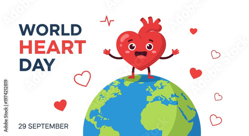 World Heart Day Illustration: Happy Heart Character on Earth, Awareness Concept