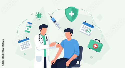 Doctor administering vaccine to patient, healthcare concept, vaccination, medical symbols