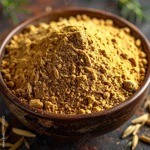A close-up shot of a full brown bowl containing a fine, yellow-brown powder with a textured surface. Scattered seeds around the bowl are also visible