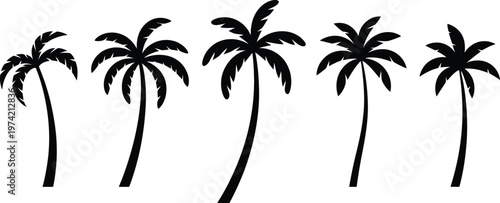 Black silhouettes of five palm trees with curved trunks and fronds arranged horizontally, symbolizing tropical coastal relaxation nature