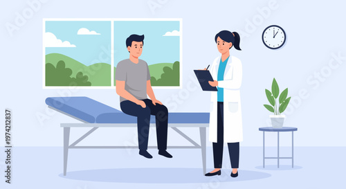 Doctor consulting male patient in medical office, healthcare checkup, doctor's visit