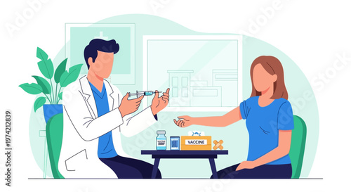 Doctor administers vaccine to patient in clinic, medical vaccination concept