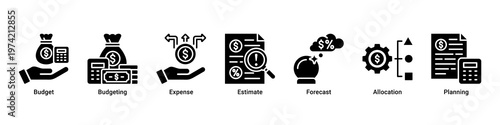 Budget Planning web banner icon vector illustration with icons of Budget,Budgeting,Expense,Estimate,Forecast,Allocation and Planning