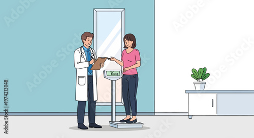 Doctor Weighs Patient On Scale For Health Checkup In Clinic