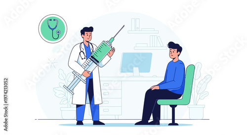 Doctor with large syringe prepares to vaccinate patient in clinic