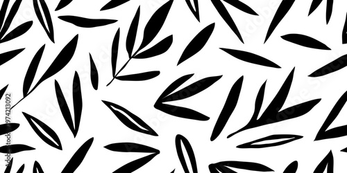 Hand outline drawing leaves seamless pattern, isolated on a white background, vector design