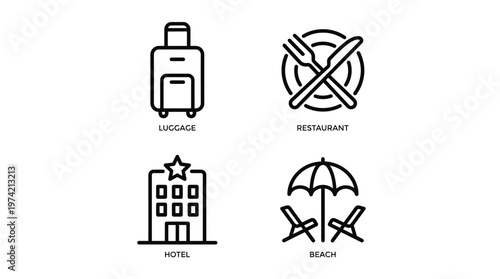 Travel icons set, luggage, hotel, beach, no smoking sign, vector illustrations for travel and tourism industry