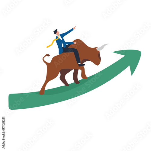 Businessman Riding Bull on Upward Green Arrow