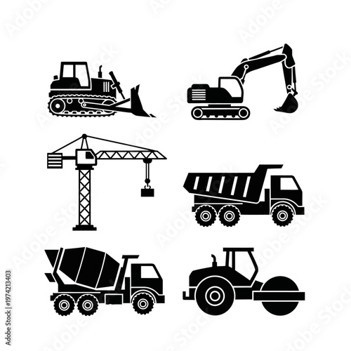 Set of Construction Vehicles Icons: Bulldozer, Excavator, Crane, Dump Truck, Cement Mixer, Roller