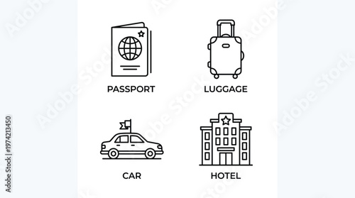 Travel Icons Set, Vector Travel Symbols, Passport, Luggage, Car, Hotel, Line Style Illustration for Travel Brochure or Website