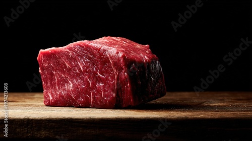 steak. A premium cut of beef on a wooden board, showcasing rich marbling under dramatic light. menu design, packaging mockups, designed for culinary blogs and recipe cards for restaurants.