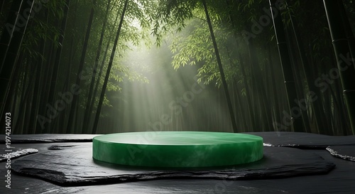 Luxury Green Marble Podium on Dark Stone in Bamboo Forest with Sun Rays for Product Display