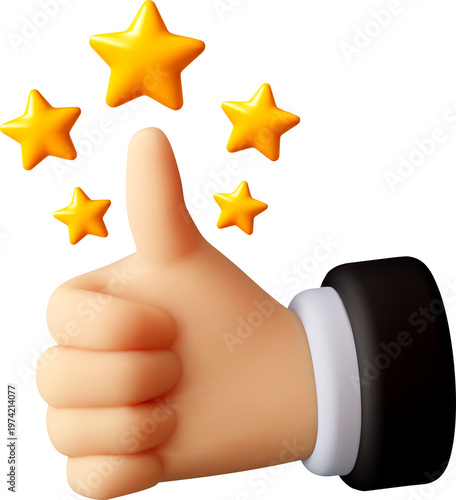 3d hand showing thumb up gesture with stars