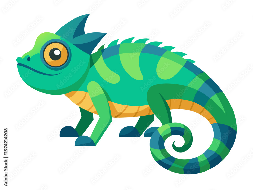 Fototapeta premium Colorful cartoon chameleon crawling on white background