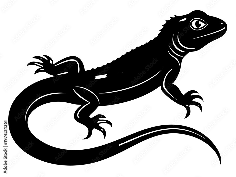 Fototapeta premium Black lizard silhouette crawling on white plain background