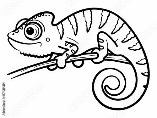 Chameleon perched gripping branch line art illustration