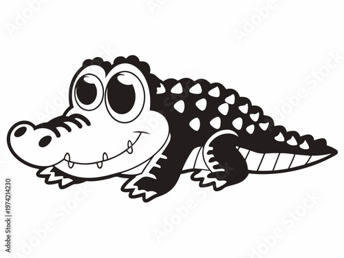 Cartoon crocodile grinning and lying on white background