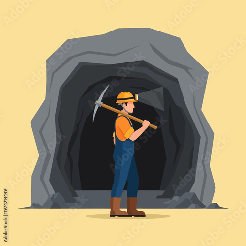 Miner with pickaxe enters dark mine entrance, safety helmet with lamp