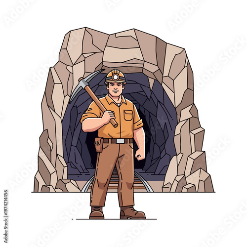 Miner with pickaxe in front of mine entrance, industrial mining concept