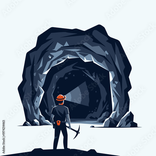 Miner with Pickaxe Facing Dark Cave Entrance, Mining Exploration Concept