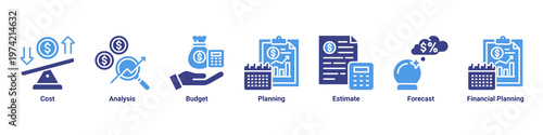 Cost Strategy web banner icon vector illustration with icons of Cost,Analysis,Budget,Planning,Estimate,Forecast and Financial Planning