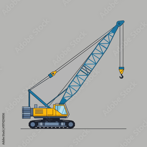 Yellow and blue crawler crane with hook, industrial construction machine, isolated on gray background