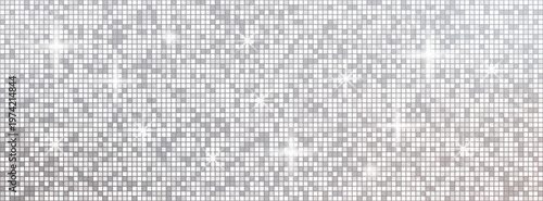 Square sequin mosaic background. Disco ball silver gray pattern. Glam seamless bg.