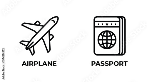 Travel icons, airplane and passport, black line style, travel and tourism concept, vector EPS