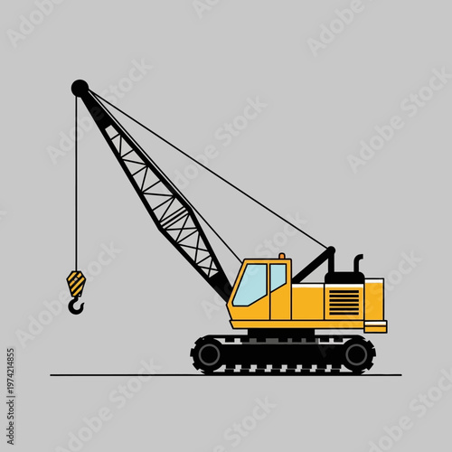 Yellow crawler crane construction vehicle on grey background, heavy machinery, industrial equipment