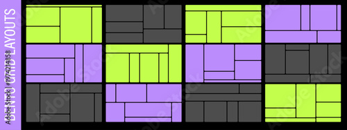 Bento grid layouts set with geometric tiles and rounded corners. Trendy UI design panels for web interfaces and dashboards. Modern modular template collection.