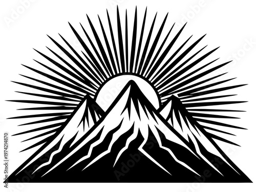 Mountain peaks framed by radiating sun rays on white background