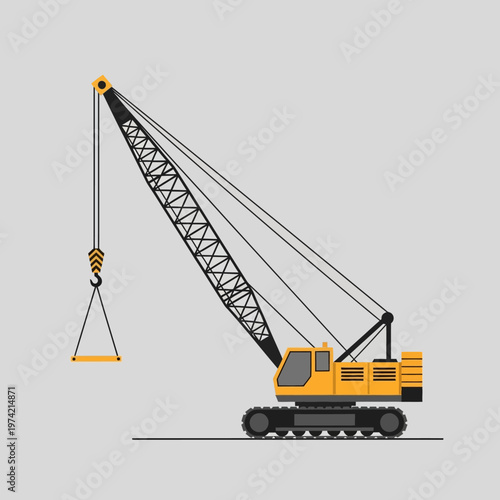 Yellow crawler crane lifting a construction beam on a gray background