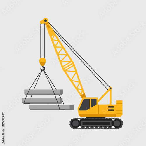 Yellow crawler crane lifting concrete beams at construction site