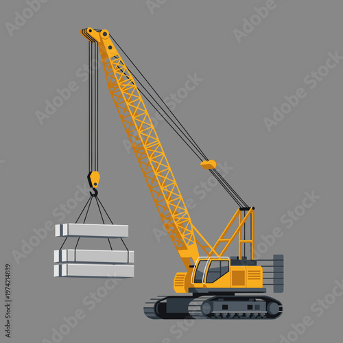 Yellow crawler crane lifting concrete blocks on construction site