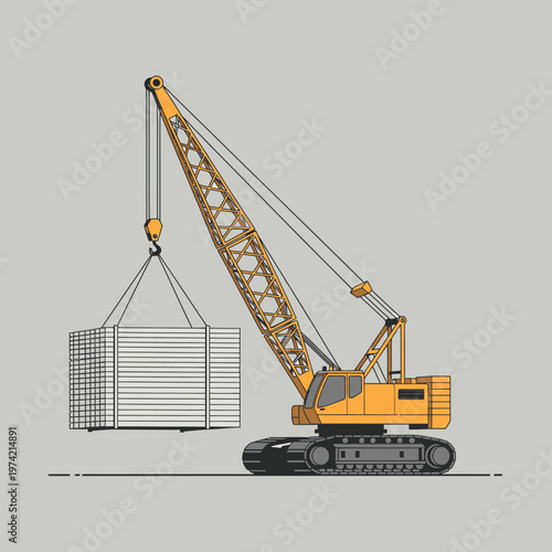 Yellow crawler crane lifting a large stack of construction materials on a gray background