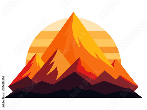 Stylized golden mountain glowing against striped sun backdrop